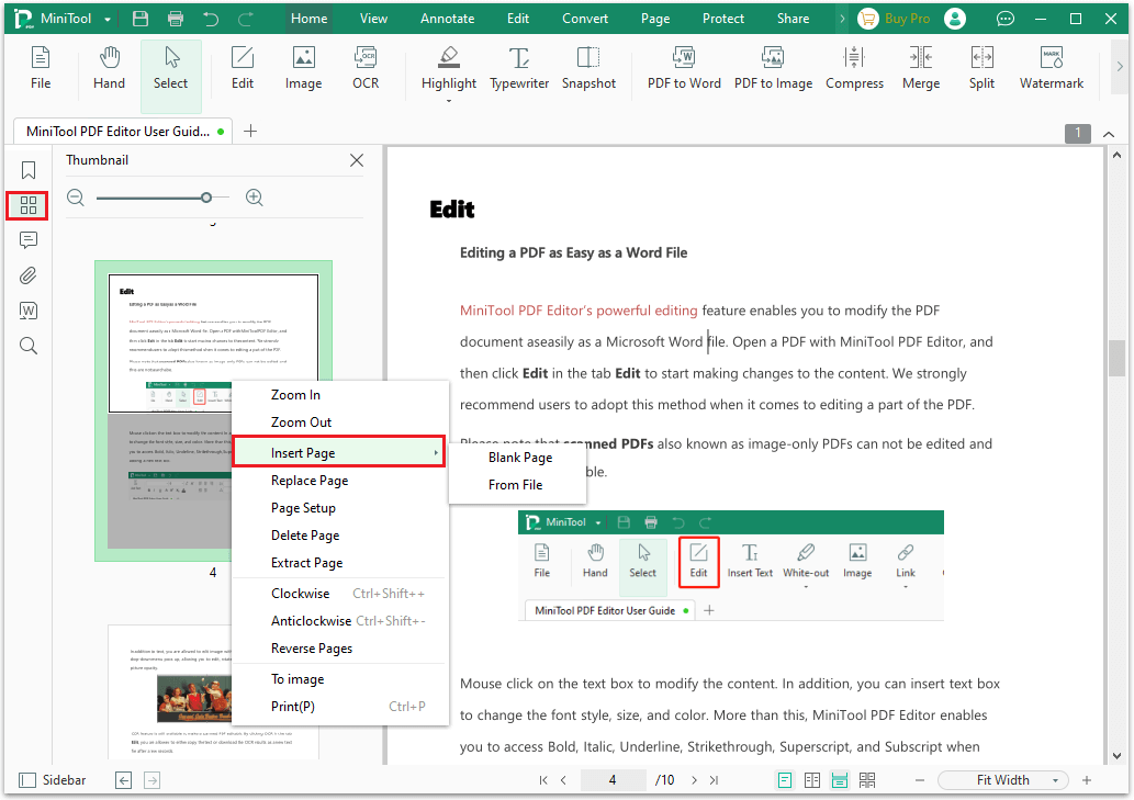 select thumbnail icon and then select insert page
