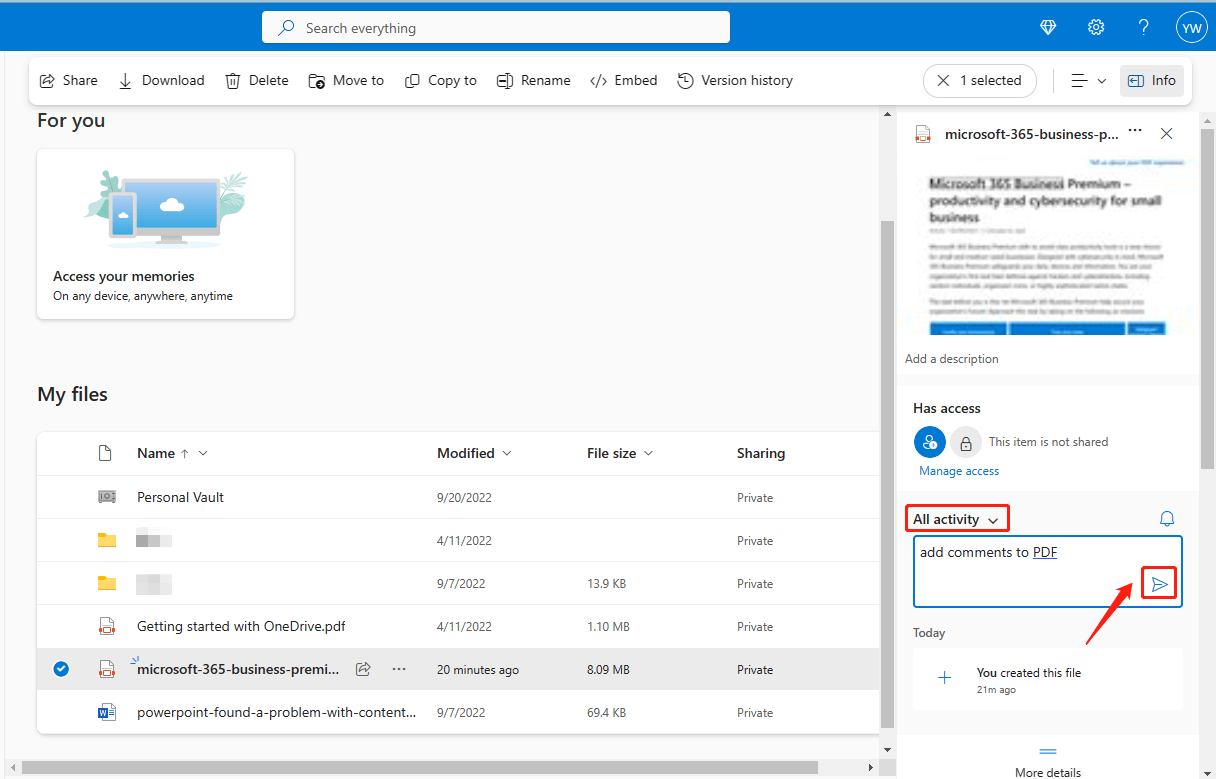 Add comments to PDF via OneDrive
