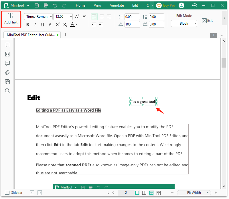 click Add Text on MiniTool PDF Editor