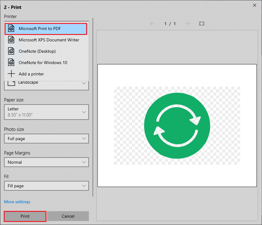 select Microsoft Print to PDF