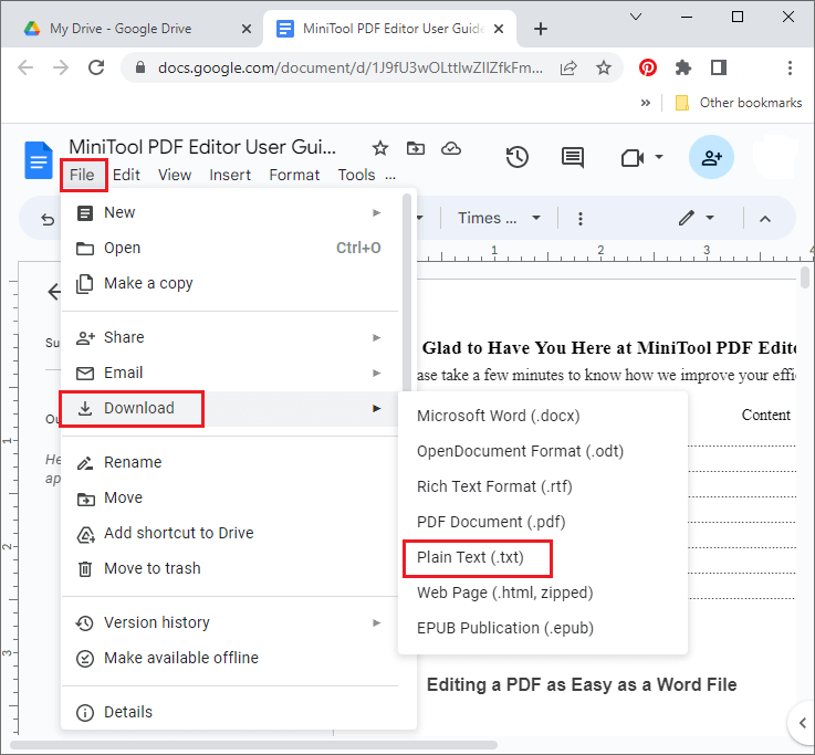convert PDF to text file in Google Drive