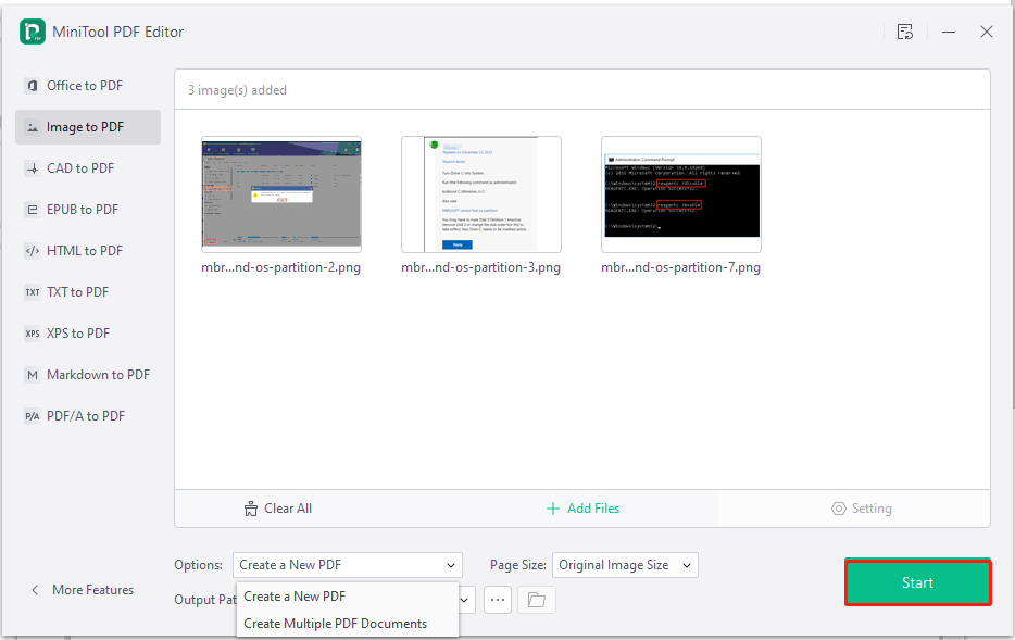 click Start on converting PNG to PDF MiniTool