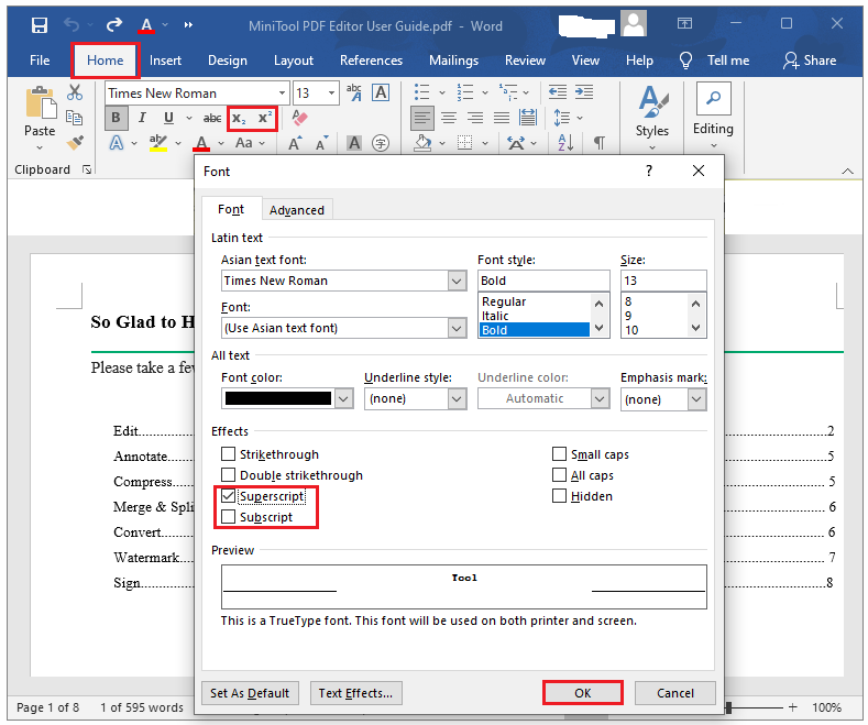 make subscript and superscript in Word