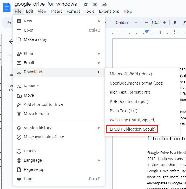 Google Docs convert PDF to EPUB