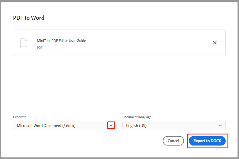 convert PDF to Docx using Adobe Acrobat online