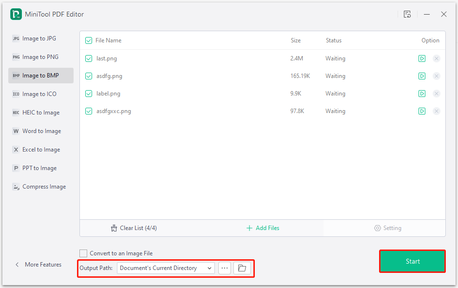 choose an output path and start the operation