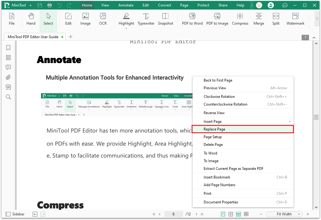 right click the page to select Replace Page