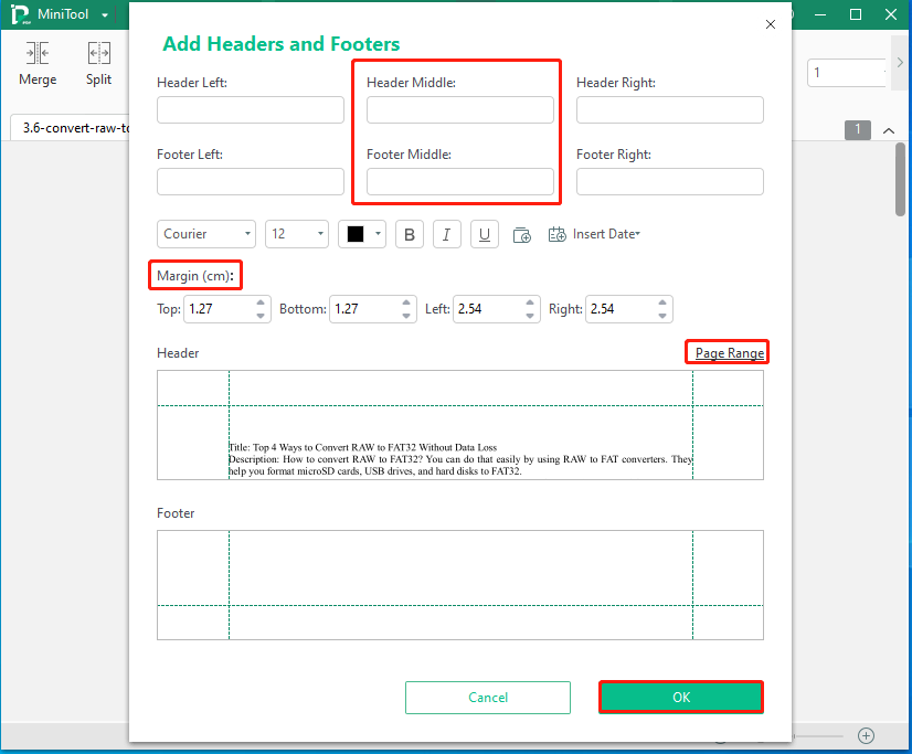 configure header and footer settings