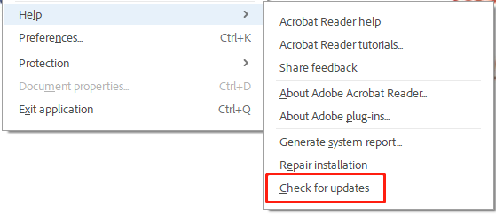 select Check for updates on Adobe Acrobat