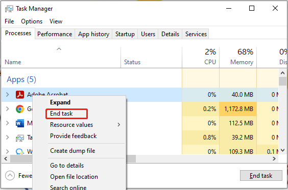 close applications in Task Manager