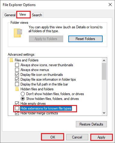 uncheck Hide extensions for known file types