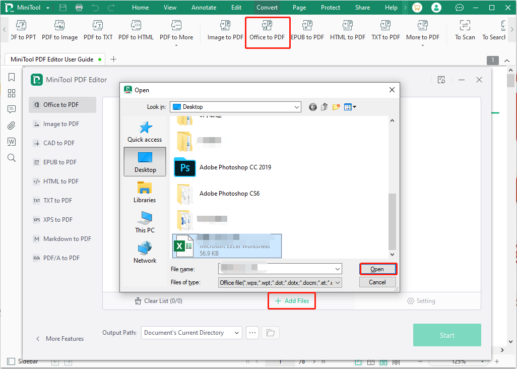 select Excel file in MiniTool