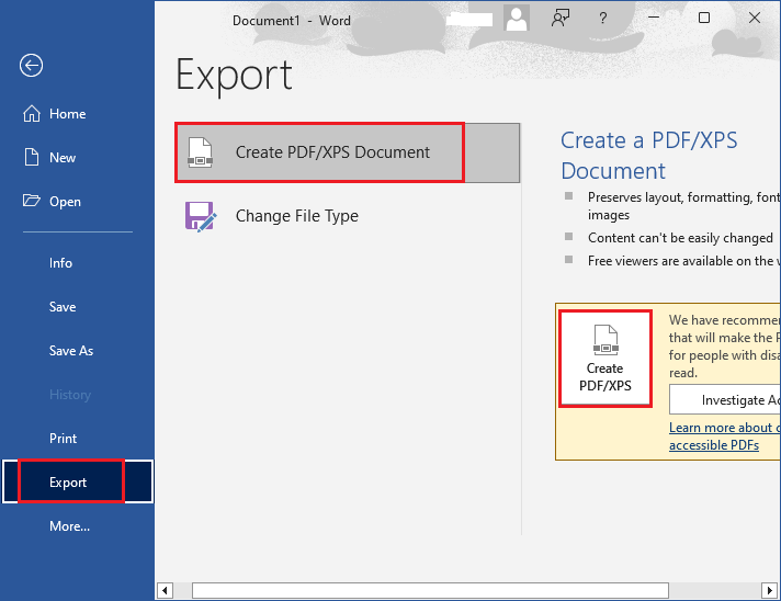 select Create PDF/XPS to save as PDF