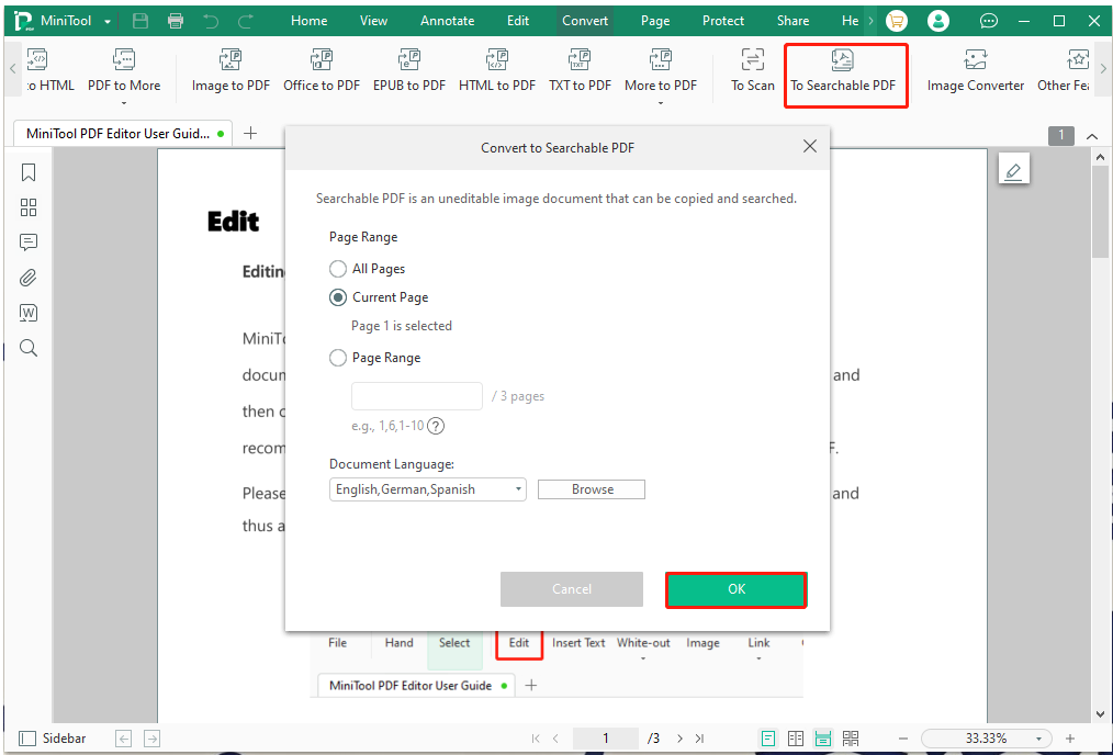 convert to searchable PDF using MiniTool PDF Editor