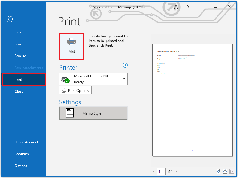 click Print to convert MSG to PDF