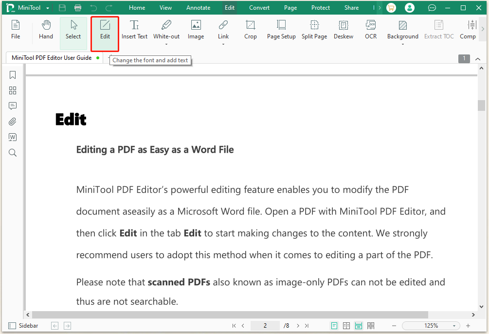 click Edit on MiniTool PDF Editor