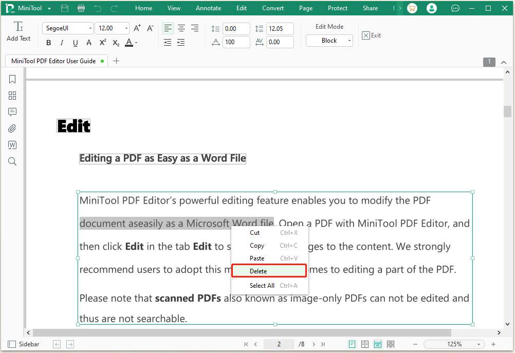 delete text from PDF using MiniTool