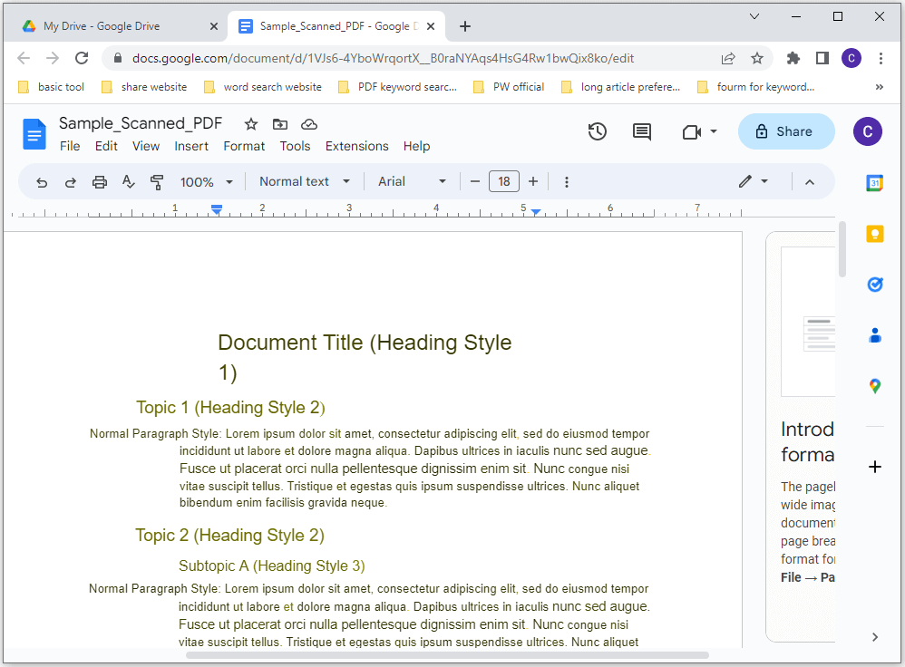 the converted file is opened in Google Docs