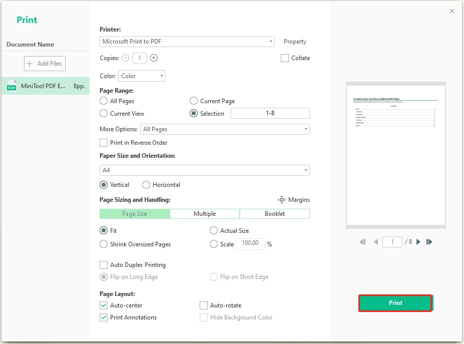 print the PDF using MiniTool