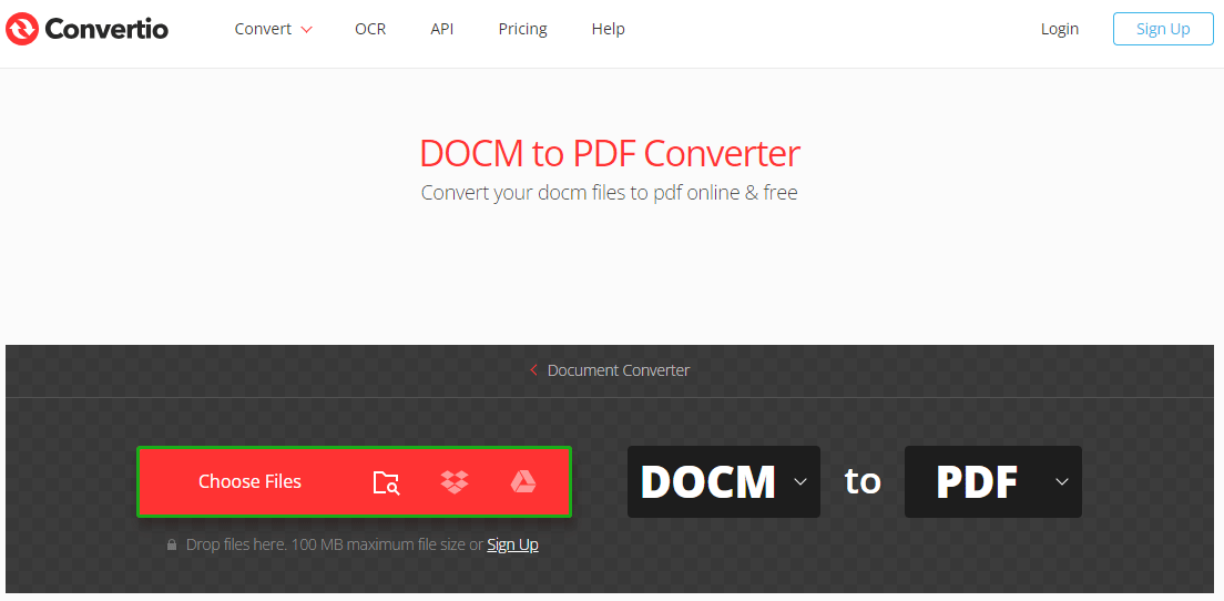 convert DOCM to PDF with Convertio