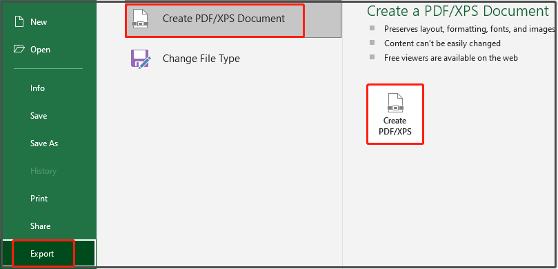 click Create PDF or XPS