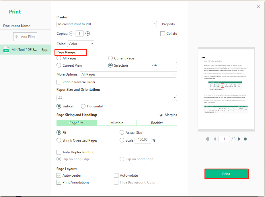 print pages of a PDF using MiniTool