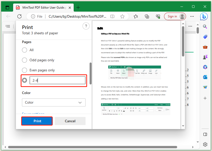 print PDF using Microsoft Edge