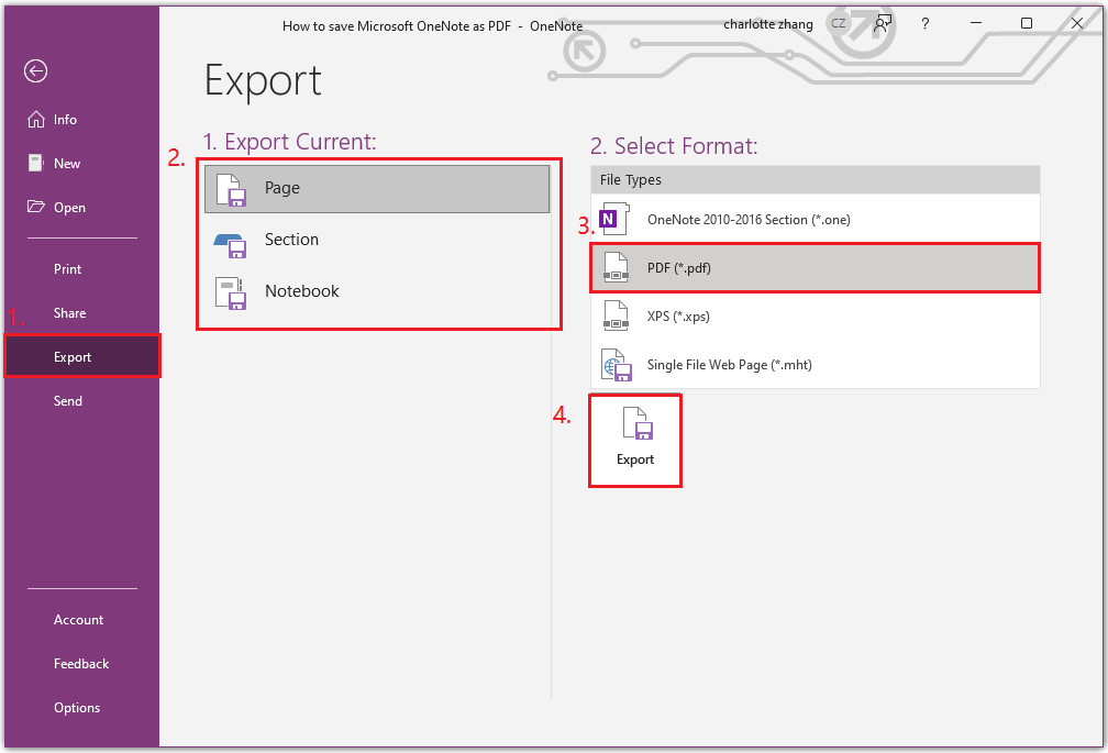 the steps to export OneNote as PDF