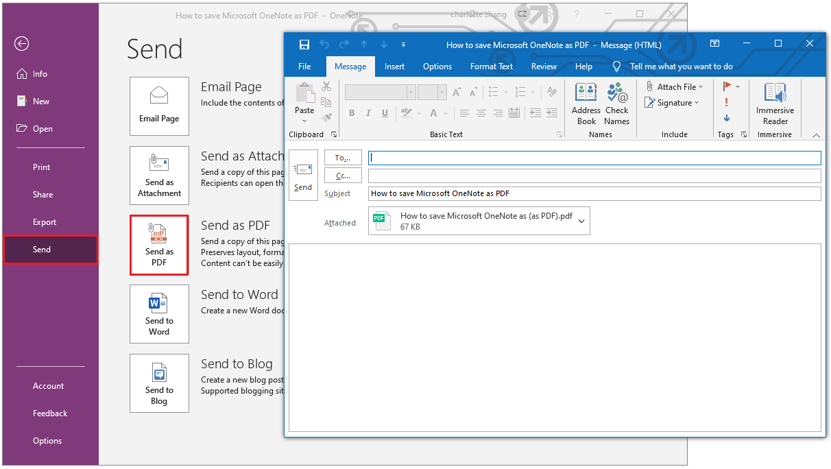 use Send feature to save OneNote as PDF