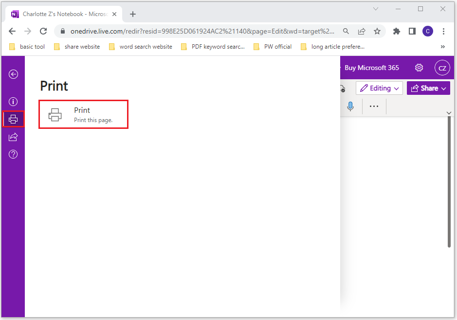 the steps to save Online OneNote as PDF