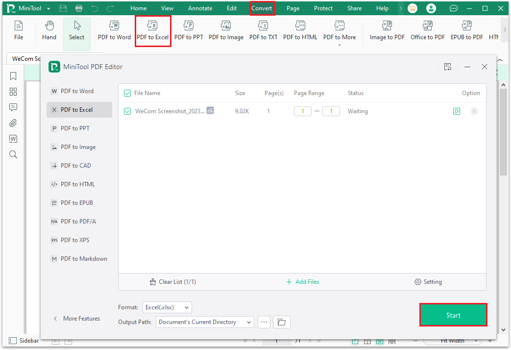 click Start to convert PDF to Excel