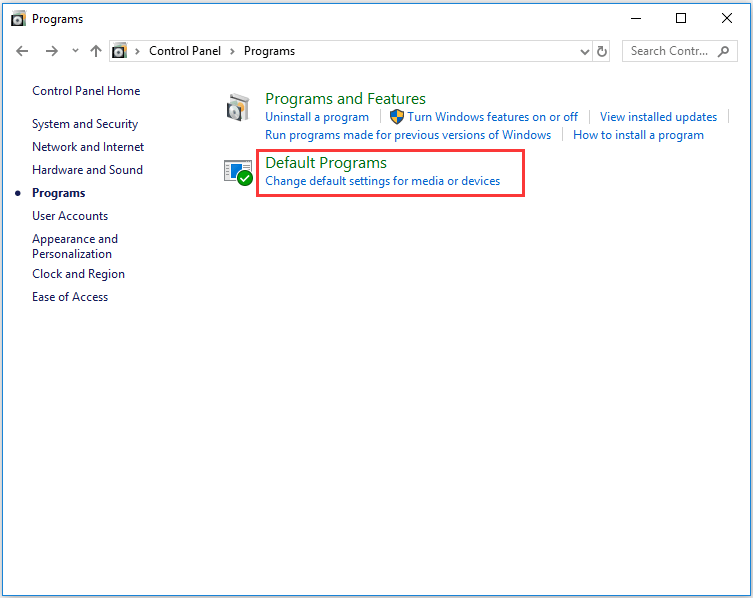 change default programs in Windows settings