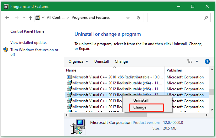 repair Microsoft Visual Redistributable 2013