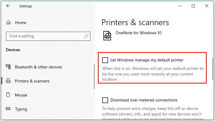 deselect Let Windows manage my default printer