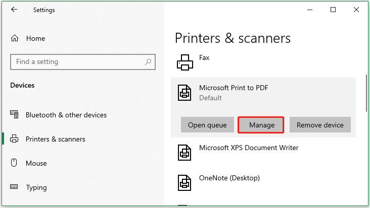 click Manager under Microsoft Print to PDF
