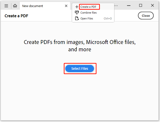 click Select Files on Adobe Acrobat