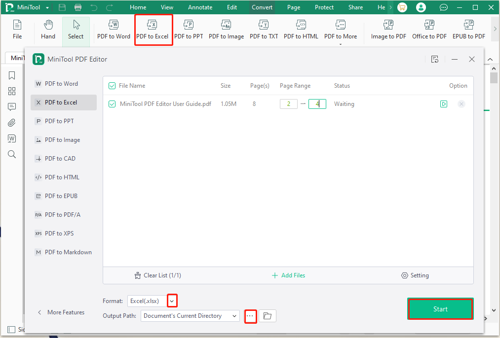 convert PDF to Excel using MiniTool