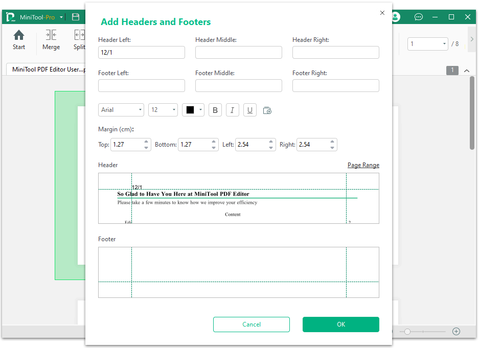 open the Add Headers and Footers window