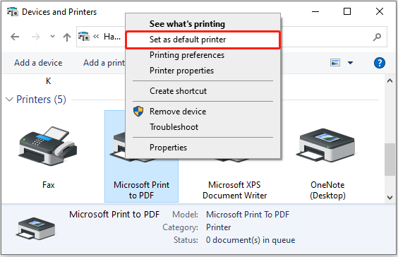 Set the printer as default printer