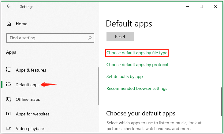 click Choose default apps by file type