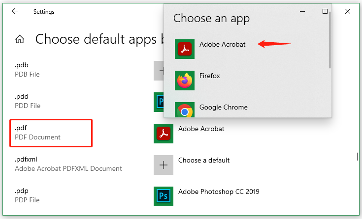 set Adobe Acrobat as the default app for PDF