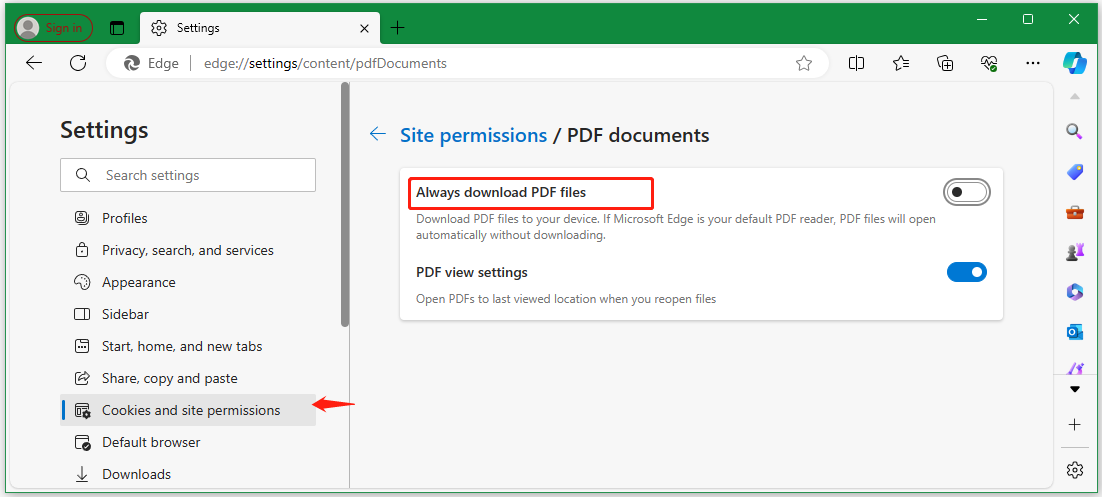 toggle off Always download PDF files