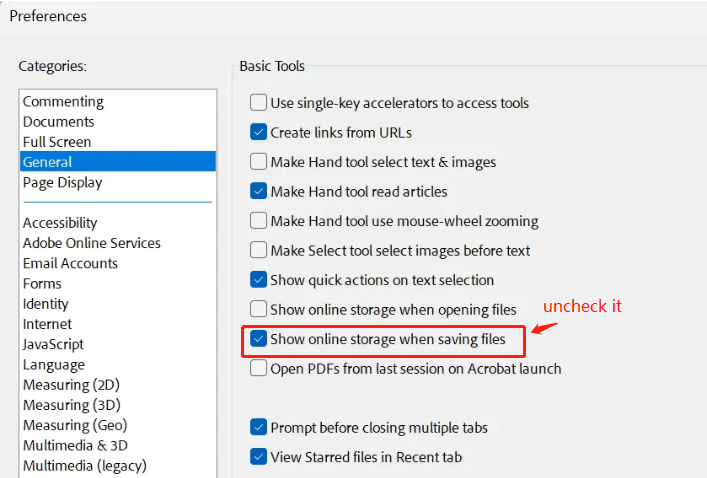 Show online storage when saving files Adobe