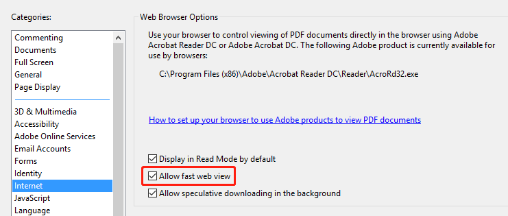allow fast web view in Adobe Reader