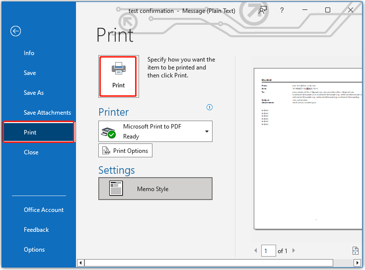 click Print on Outlook