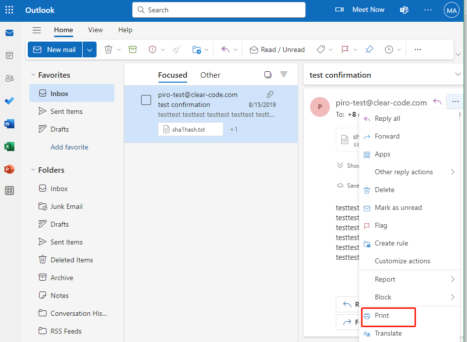 select Print in Outlook online
