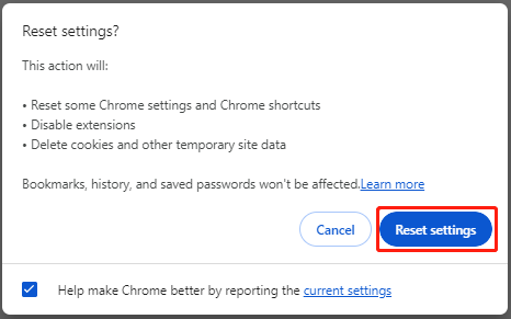 click Reset settings on Chrome