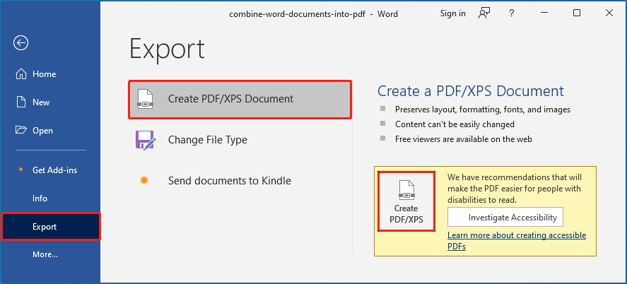 click Create PDF or XPS