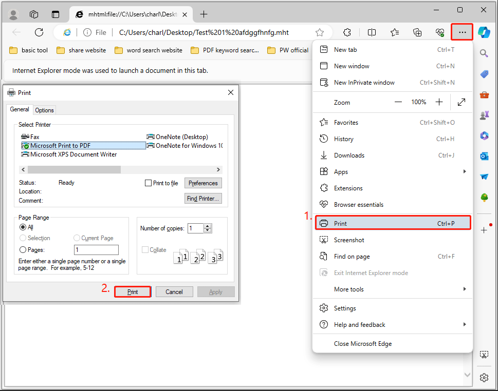 use Microsoft Edge to convert MHT to PDF