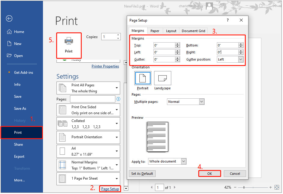 use Word to print PDF with no margins